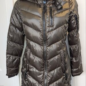 Metallic Brown Long Chevron Puffer Coat